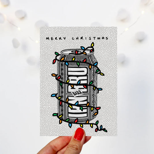 Irn Bru Christmas card by Kilo Papa Studio featuring hand-drawn festive can design on recycled paper with Kraft envelope.