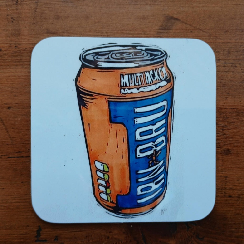 Hardwood coaster with BeeBirds Irn Bru lino print artwork