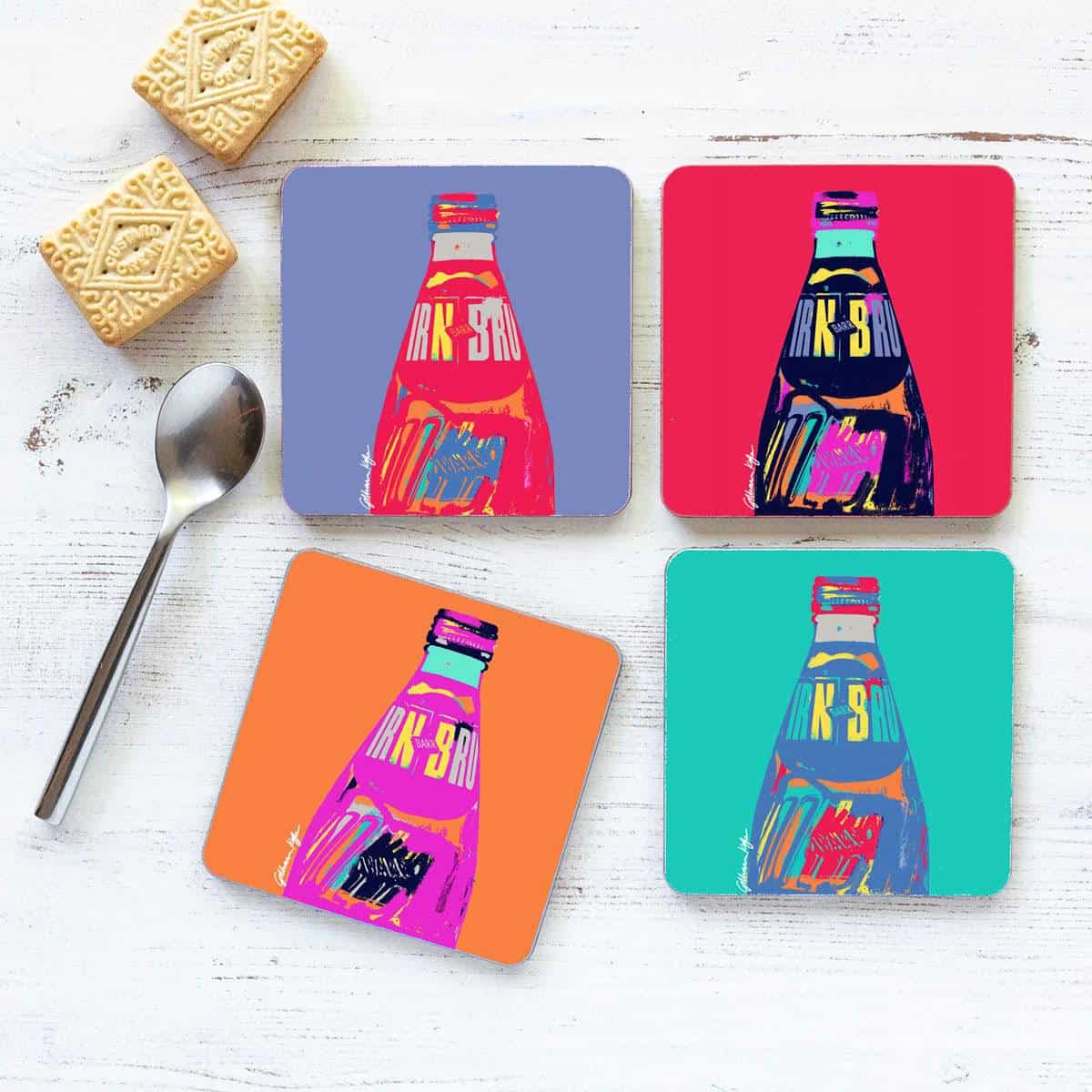 POP IRN-BRU cork backed coasters by Gillian Kyle made in Scotland