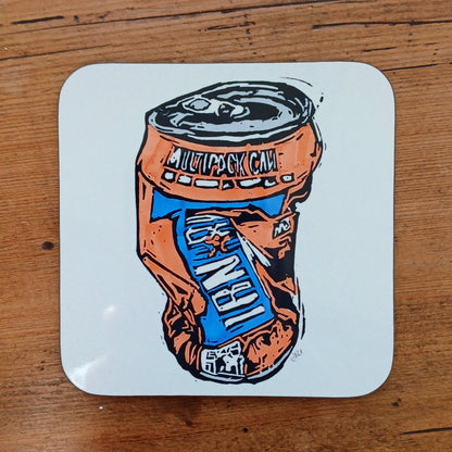 Hardwood coaster with BeeBirds Crushed Irn Bru lino print artwork