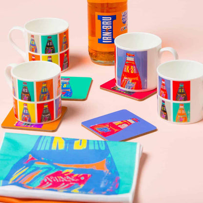 POP IRN-BRU mugs, teatowel and cork backed coasters by Gillian Kyle made in Scotland