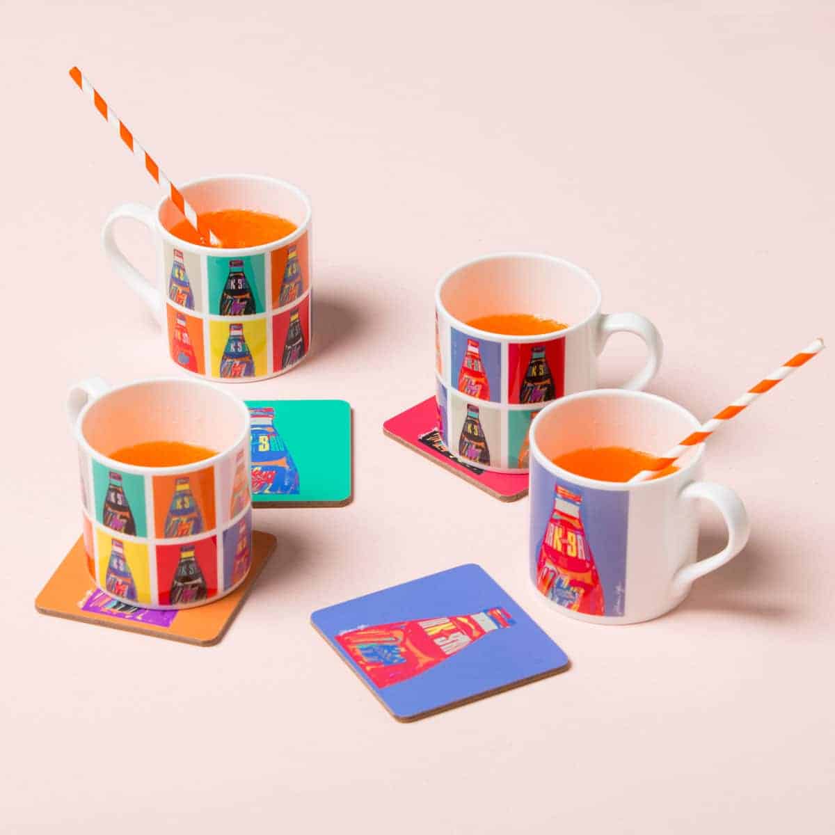 POP IRN-BRU mugs and cork backed coasters by Gillian Kyle made in Scotland