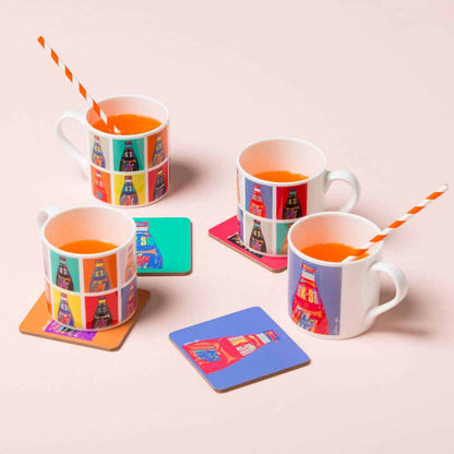 POP IRN-BRU mugs and cork backed coasters by Gillian Kyle made in Scotland