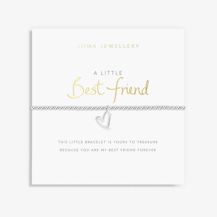 Silver-plated Joma Jewellery Best Friend bracelet with wire heart charm, stretch fit design and signature gift box.