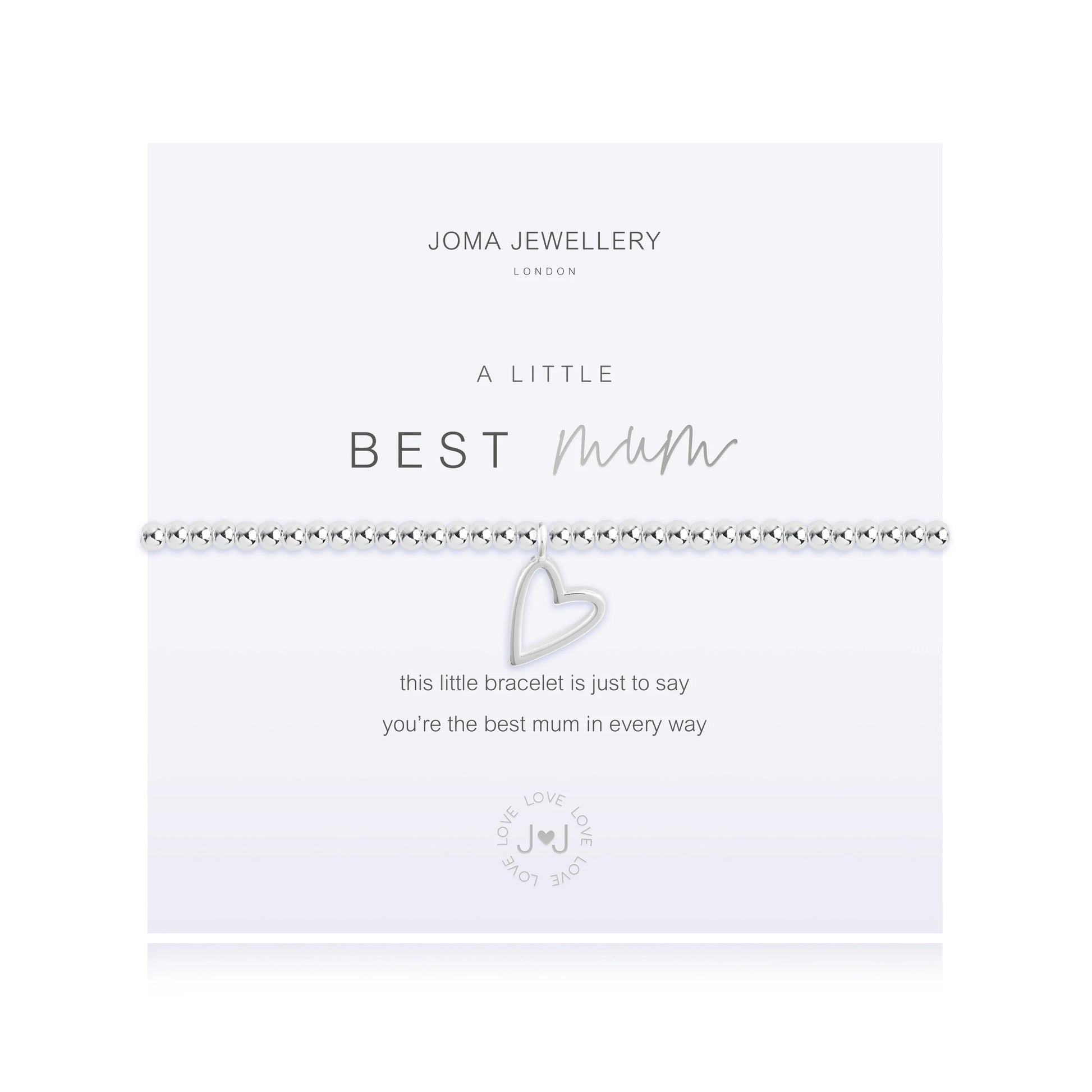 Silver plated 'Best Mum' Joma Jewellery bracelet with heartfelt message on branded card.