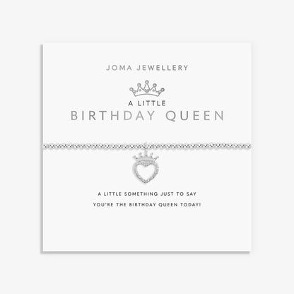 A silver Joma bracelet with a crowned heart charm, packaged in a card that reads 'A Little BIRTHDAY QUEEN'.