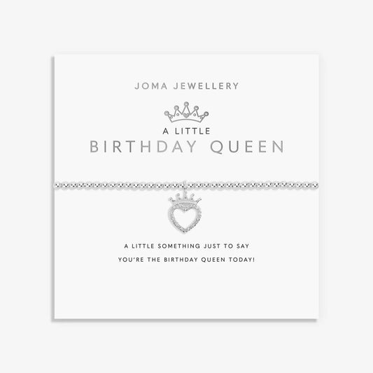 A silver Joma bracelet with a crowned heart charm, packaged in a card that reads 'A Little BIRTHDAY QUEEN'.