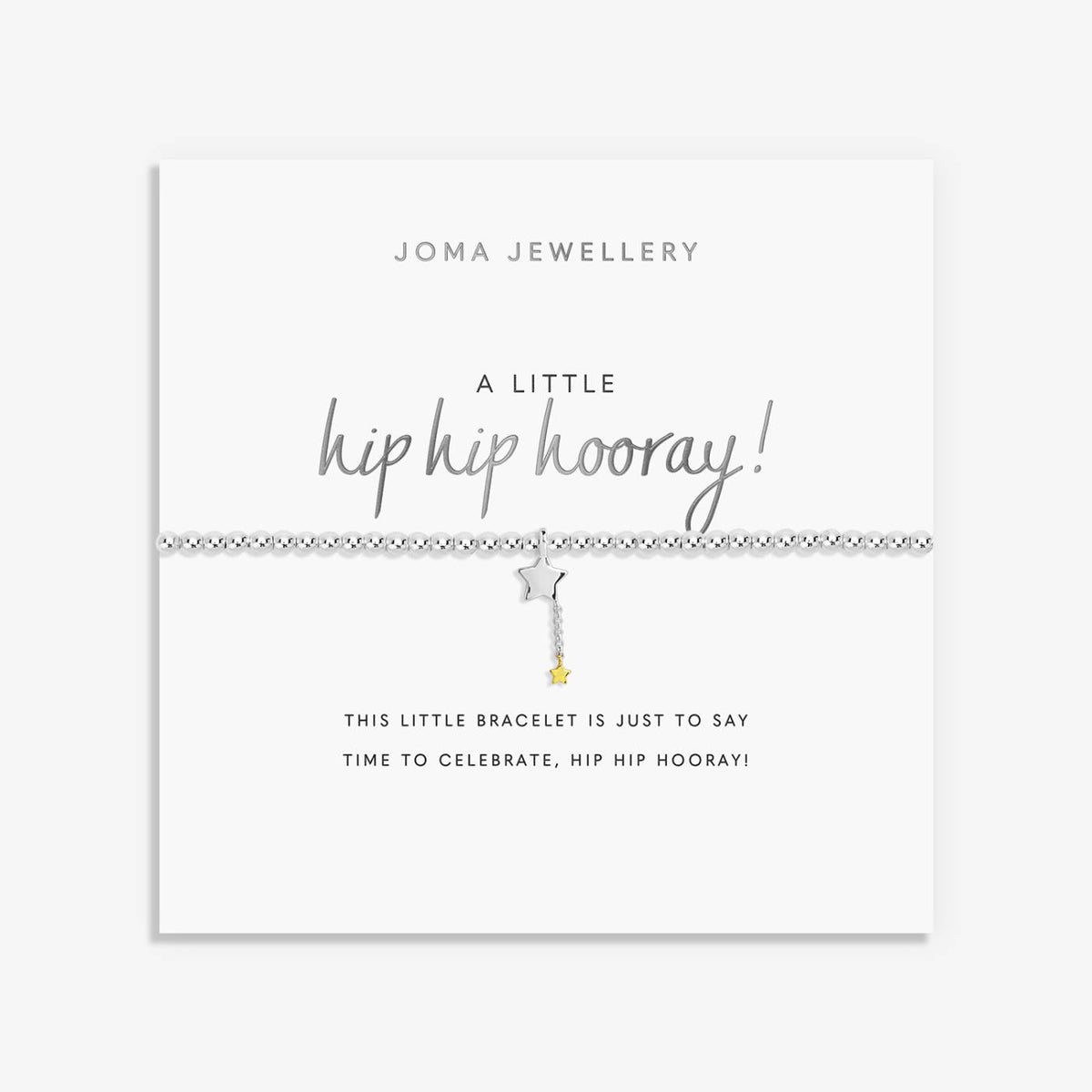 A silver Joma bracelet with double star charm, packaged in a card that reads 'A Little HIP HIP HOORAY!'.