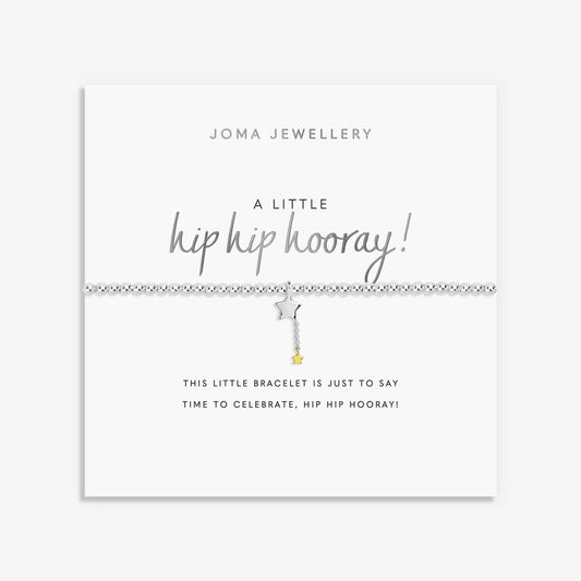 A silver Joma bracelet with double star charm, packaged in a card that reads 'A Little HIP HIP HOORAY!'.