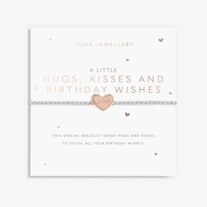 A silver plated stretch beaded bracelet with a rose-gold plated heart charm, presented on a card that reads 'A Little HUGS, KISSES AND BIRTHDAY WISHES'.
