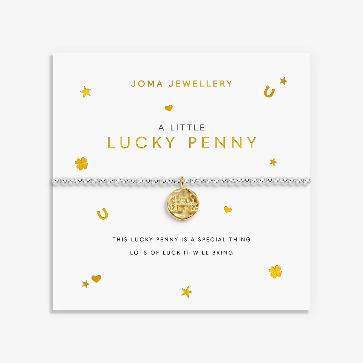 A silver Joma bracelet with a penny charm, packaged in a card that reads 'A Little LUCKY PENNY'.