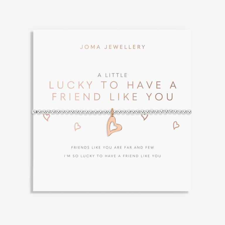 A silver bracelet with rose gold plated elements, presented on a card that reads 'A LITTLE LUCKY TO HAVE A FRIEND LIKE YOU'.