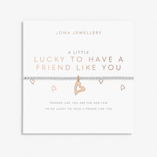 A silver bracelet with rose gold plated elements, presented on a card that reads 'A LITTLE LUCKY TO HAVE A FRIEND LIKE YOU'.