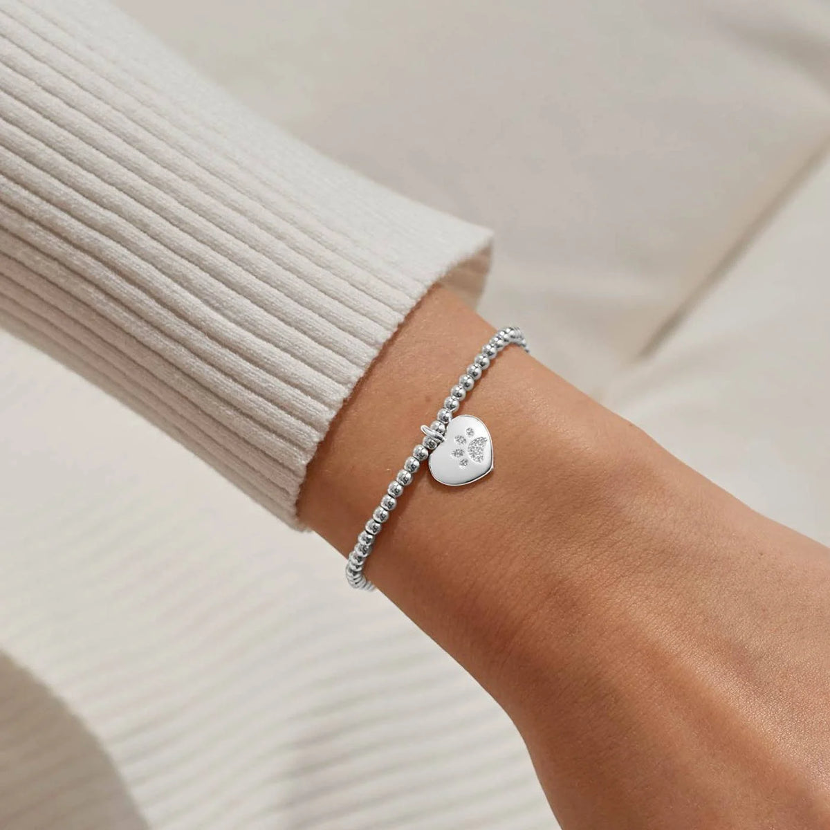 A silver Joma bracelet with a pawprinted heart charm, packaged in a card that reads 'A Little PETS LEAVE PAWPRINTS ON OUR HEARTS'.