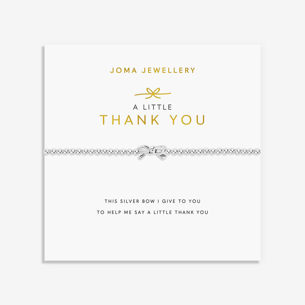 A silver Joma bracelet with a bow charm, packaged in a card that reads 'A Little THANK YOU'.