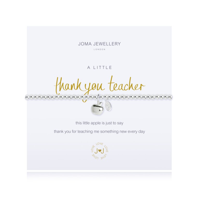 A silver bracelet with a small apple charm, presented on a card that reads 'A Little Thank you Teacher'.