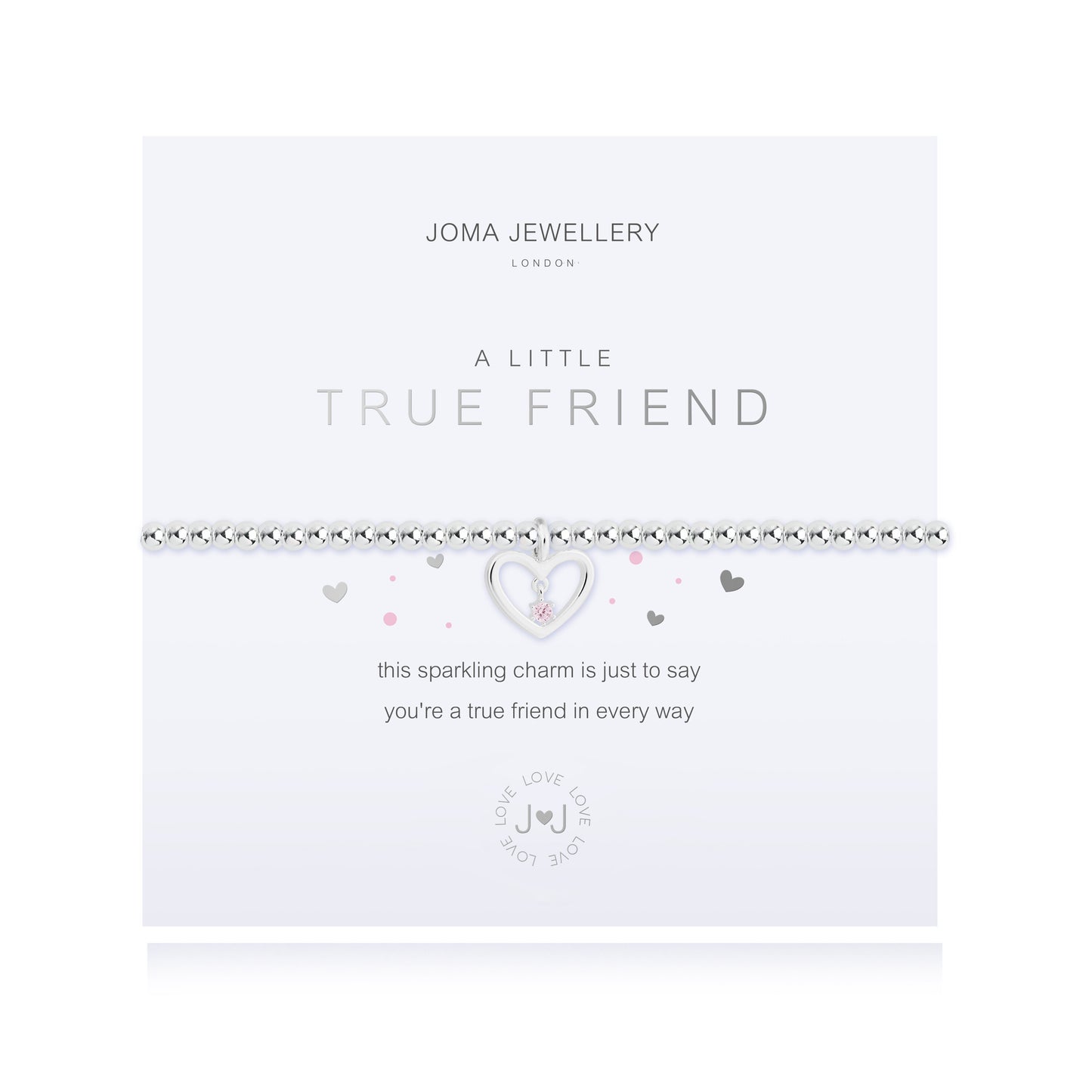 Silver plated 'True Friend' Joma Jewellery bracelet with heartfelt message on branded card.