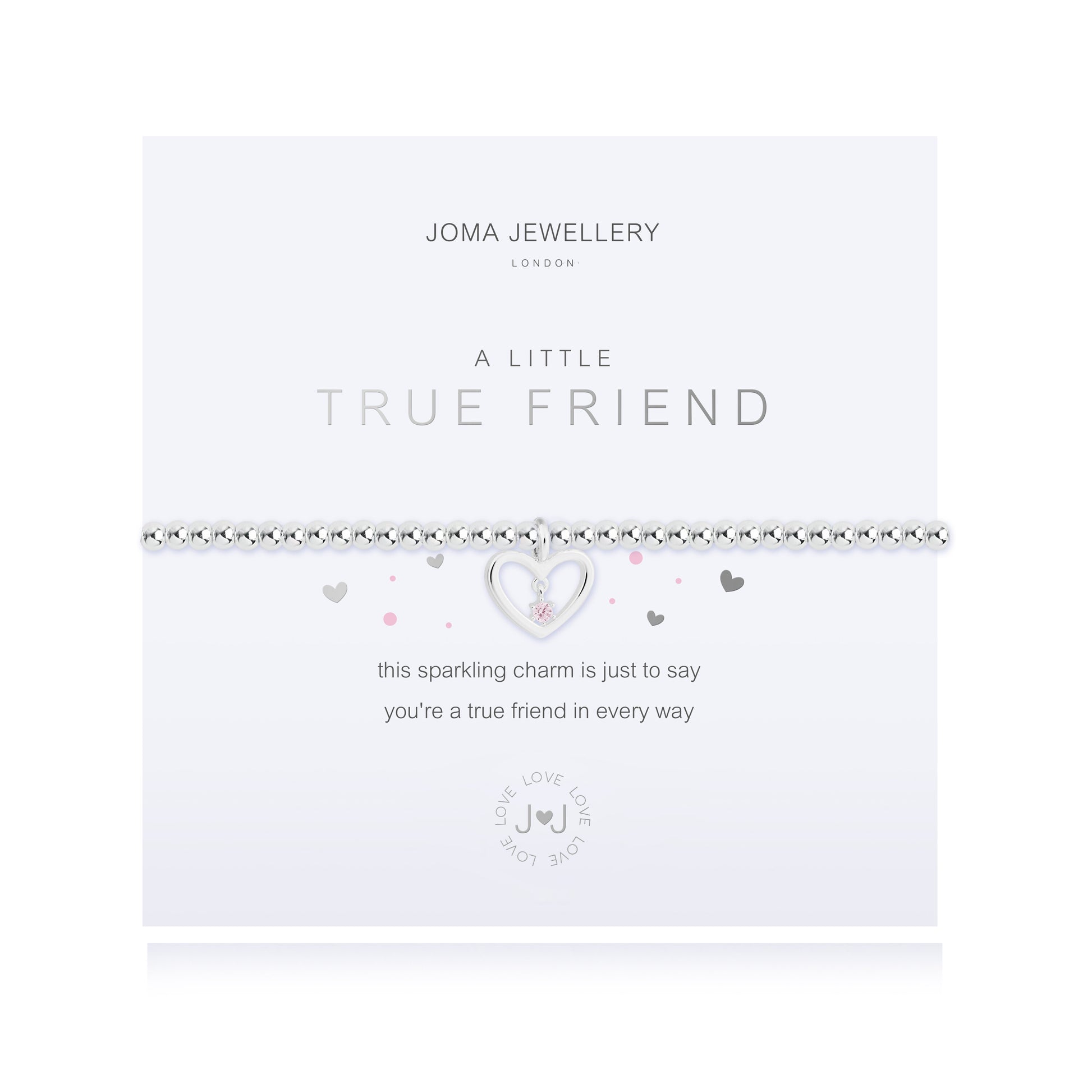 Silver plated 'True Friend' Joma Jewellery bracelet with heartfelt message on branded card.