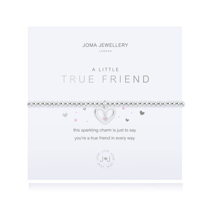 Silver plated 'True Friend' Joma Jewellery bracelet with heartfelt message on branded card.