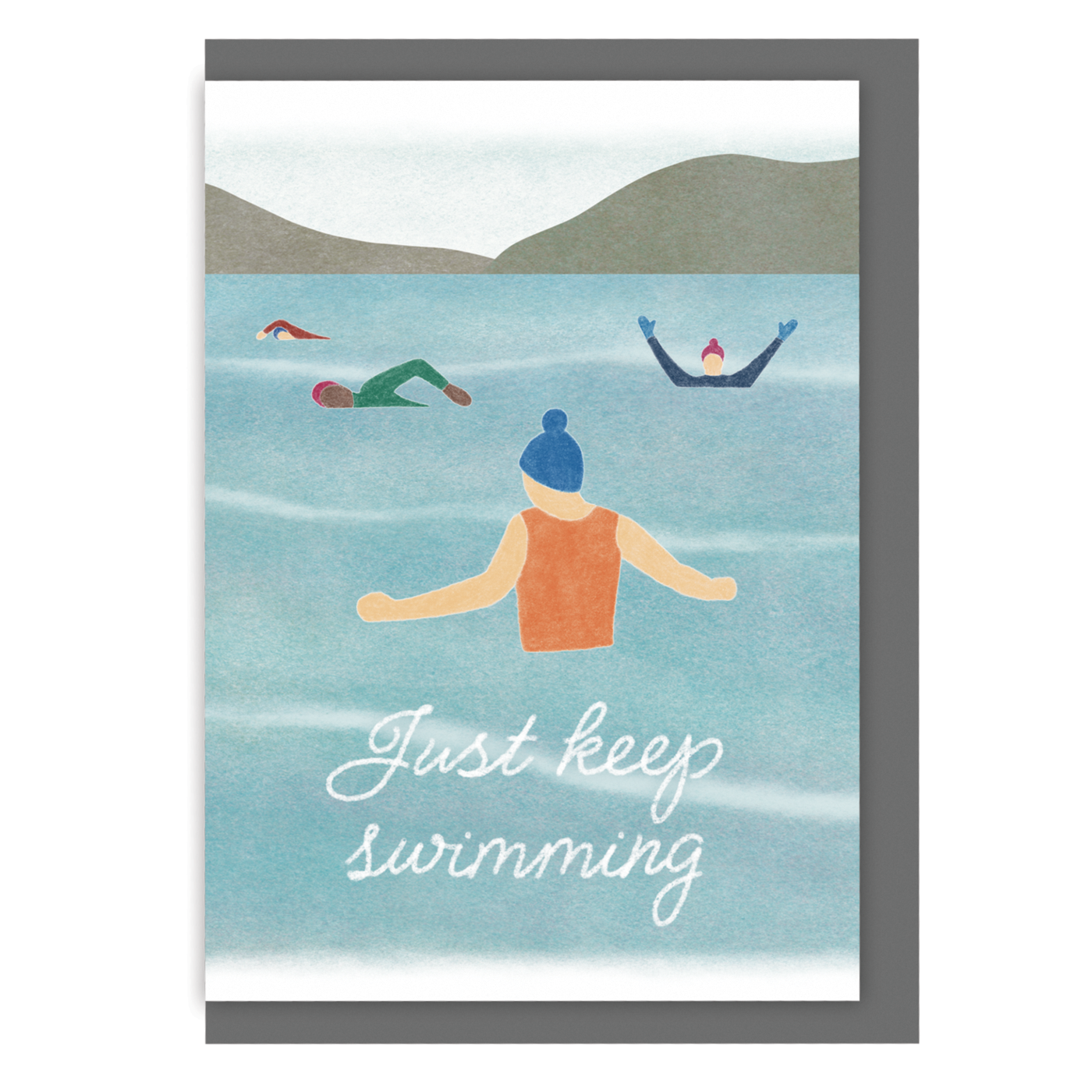 Just Keep Swimming blank greeting card featuring outdoor swimmers by Ingletop printed on recycled card