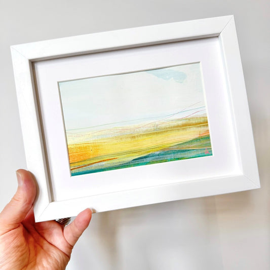 Framed original mixed media painting of the Angus coastline at Lunan Bay, in white 9x7 inch frame.