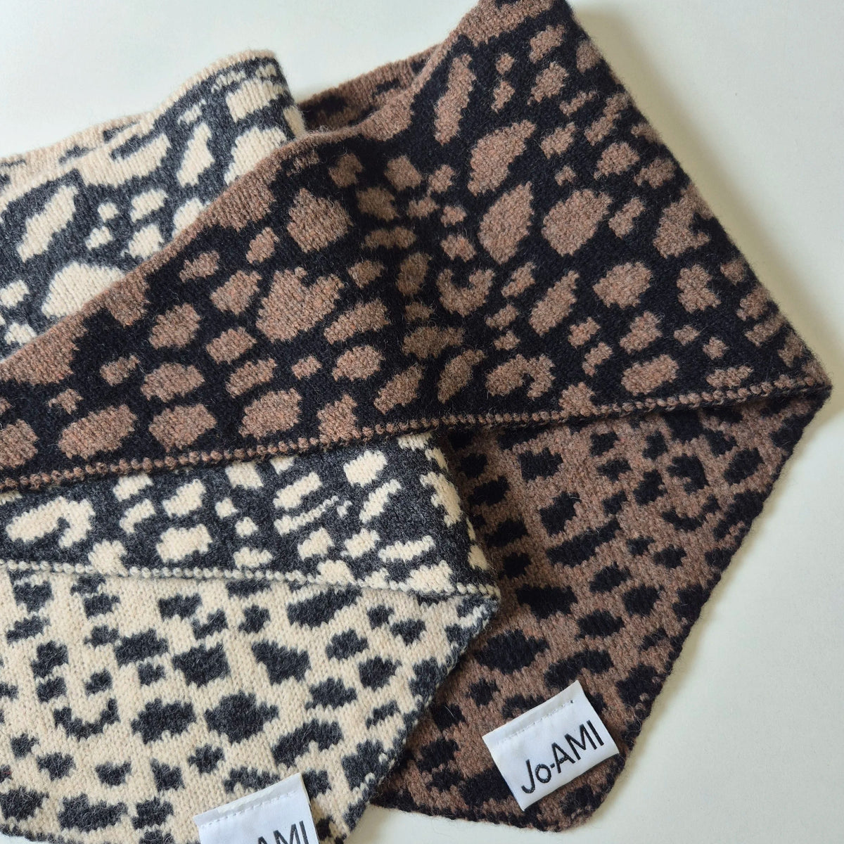 Jo-AMI reversible leopard lambswool neckerchief knitted and hand finished in Dundee Scotland