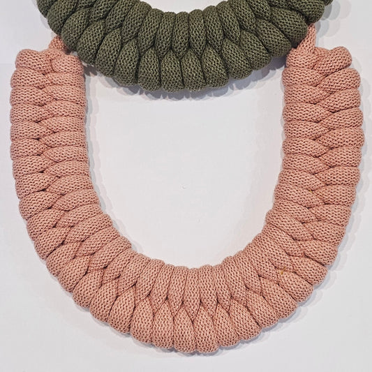 Ragged House large recycled cotton macrame cord knot necklace with figure 8 bow-shaped statement design