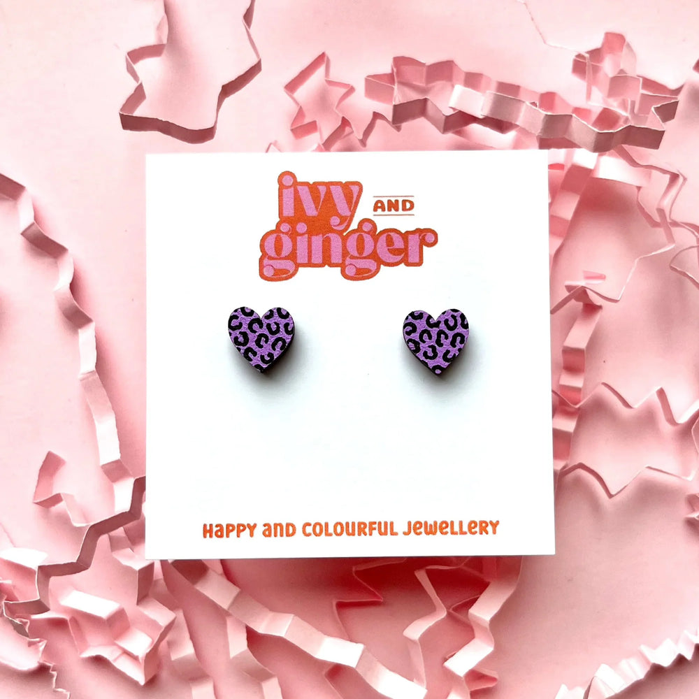 LILAC + BLACK MINI LEOPARD PRINT HEART STUDS