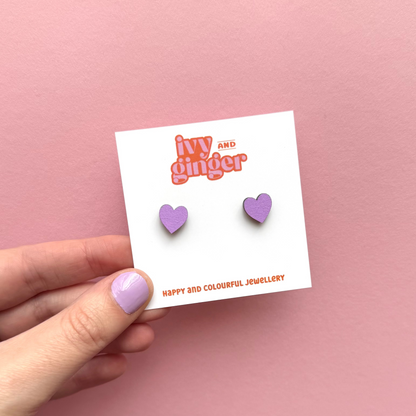 Lilac mini heart stud earrings by Ivy and Ginger hand painted FSC wood jewellery