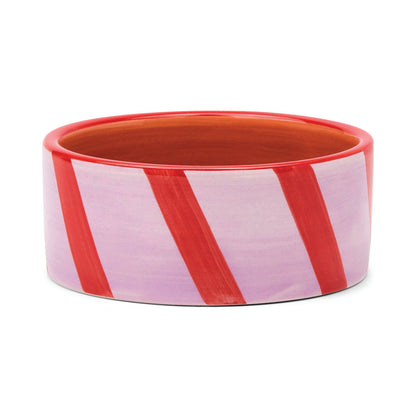 Izzy hand-painted ceramic wine coasters with lilac/rust stripe design, food-safe and ideal for protecting surfaces or serving small snacks.