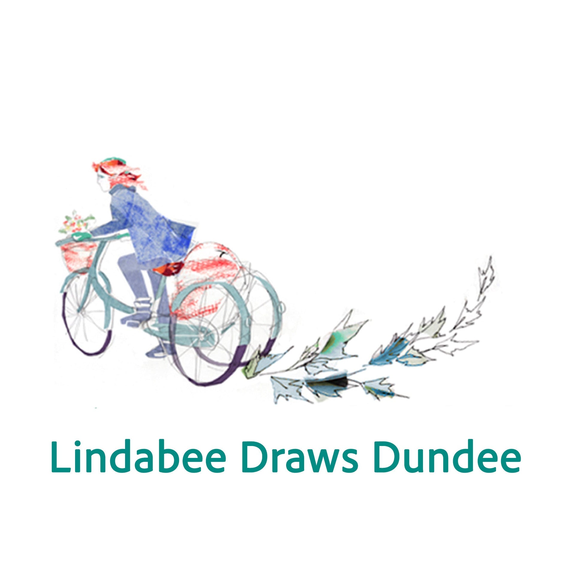 A watercolor-style illustration of a lady riding a bicycle with a basket of flowers, accompanied by the text 'Lindabee Draws Dundee' below on a white background.