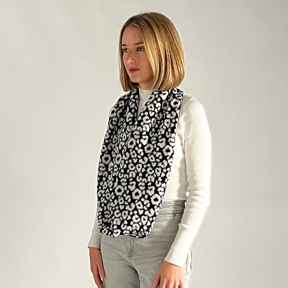 Mitchell + Black leopard print lambswool long snood handcrafted in Scotland