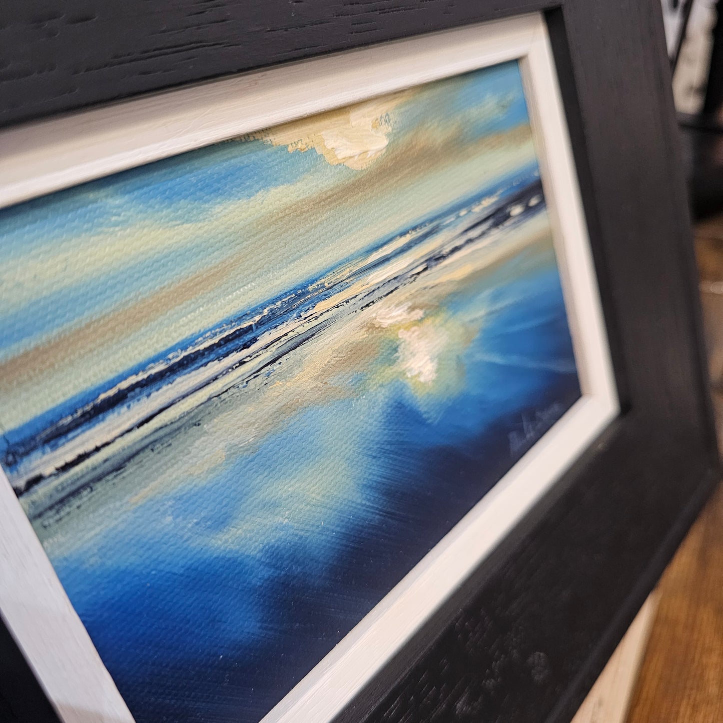 Low Sun Carnoustie Beach original oil painting by Paula Deas framed artwork