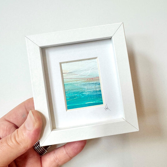 Small original mixed media painting of Carnoustie coastline, framed in white 3.5x4 inch frame.