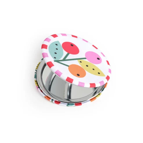 Belly Button Designs round compact mirrors in Mabel Sprig, Hearts + Flowers and Hearts + Stripes designs, with recycled RPET casing and gift boxes.