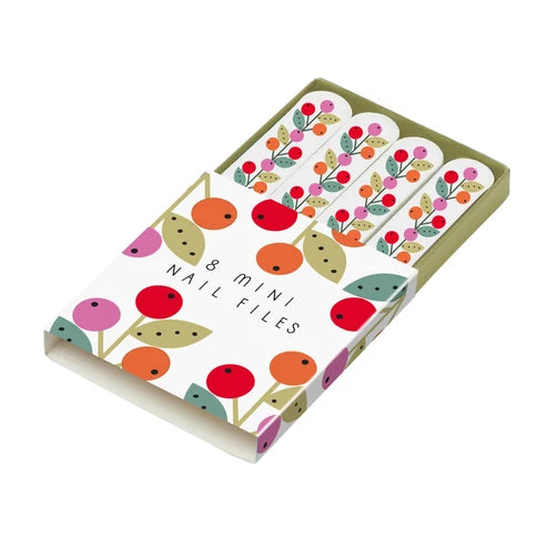 Belly Button Designs mini nail file sets featuring eight matching nail files in coordinating sliding boxes, available in Mabel Sprig, Hearts + Flowers and Hearts designs.
