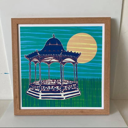 Louise Kirby Magdalen Green Bandstand print in blue and green 29.7cm square Dundee Delights collection