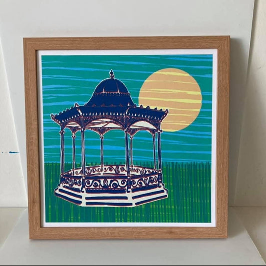 Louise Kirby Magdalen Green Bandstand print in blue and green 29.7cm square Dundee Delights collection