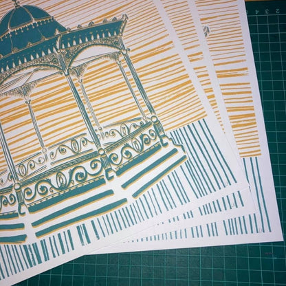 Louise Kirby Magdalen Green Bandstand print in yellow and green 29.7cm square Dundee Delights collection