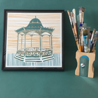 Louise Kirby Magdalen Green Bandstand print in yellow and green 29.7cm square Dundee Delights collection