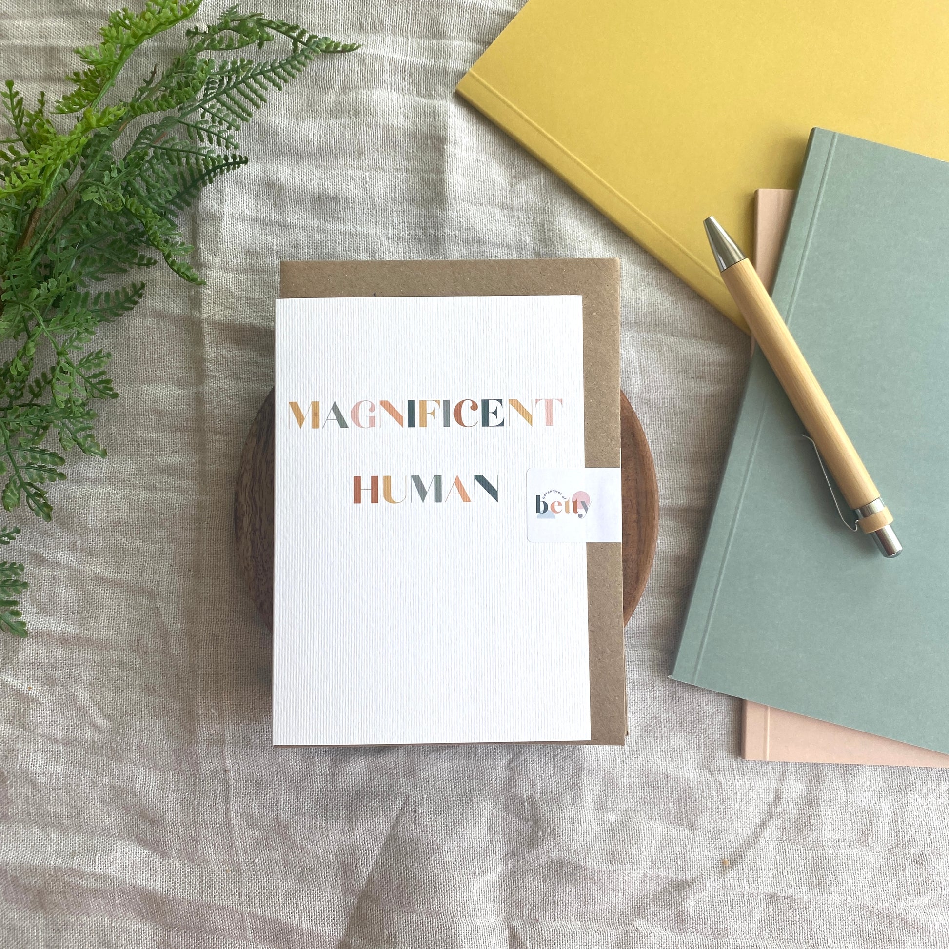 Magnificent Human A6 card printed on textured 280gsm card with kraft envelope, blank inside for birthdays or encouragement