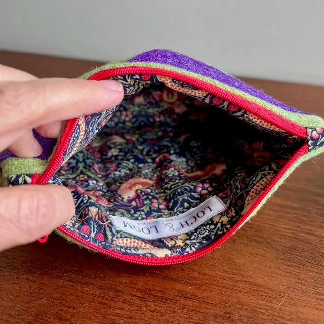 Loch + Loom striped Harris Tweed zipped make-up bag with coordinating solid Harris Tweed reverse