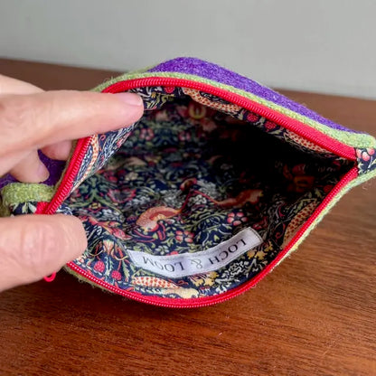 Loch + Loom striped Harris Tweed zipped make-up bag with coordinating solid Harris Tweed reverse