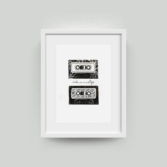 Make Me a Mixtape A4 cassette inspired wall art print on textured 300gsm card for music lovers