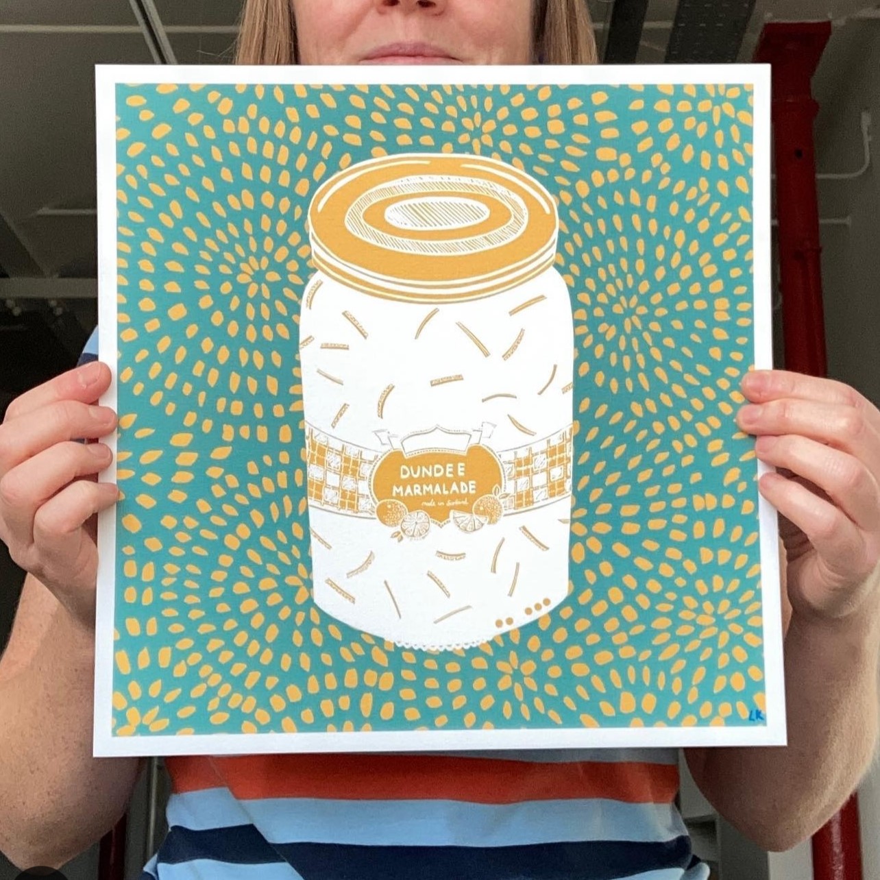 Dundee Marmalade print with Marrs Green background and hand-drawn details