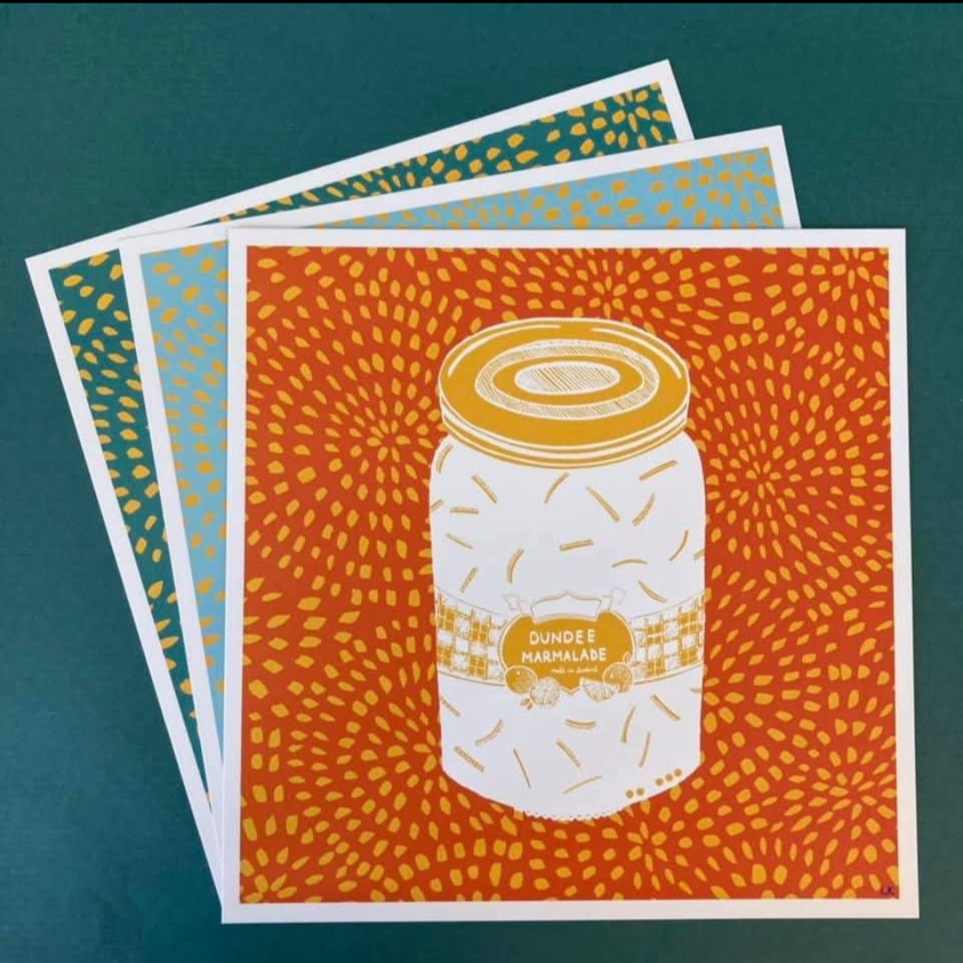 Dundee Marmalade print with Marmalade Orange background and hand-drawn details