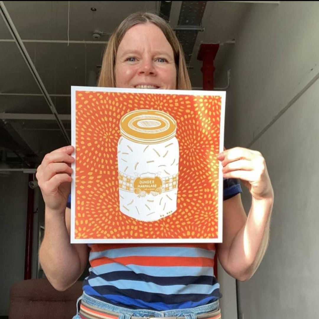 Dundee Marmalade print with Marmalade Orange background and hand-drawn details