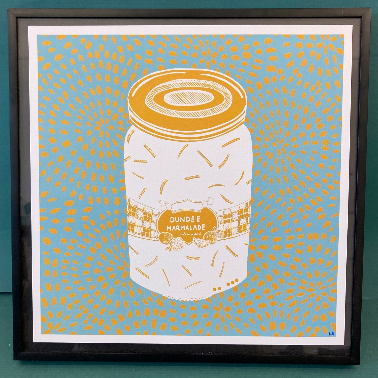Dundee Marmalade print with Retro Blue background, illustrated by Louise Kirby