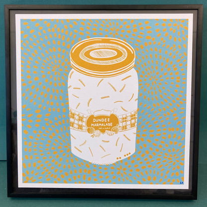 Dundee Marmalade print with Retro Blue background, illustrated by Louise Kirby