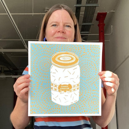 Dundee Marmalade print with Light Blue background, illustrated by Louise Kirby